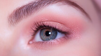 Fototapeta premium Close-up Detail of a Woman's Eye with Soft Pink Makeup and Defined Eyebrow Showcasing Blue Iris and Long Lashes in Natural Light