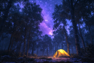 Breathtaking starry night illuminating a camping spot within a dense forest surrounded by nature's tranquility and wonder. Generative AI