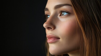 Profile Portrait of a Beautiful Young Woman with Long Brown Hair and Clear Skin in a Dark Isolated Studio Setting with Natural Light