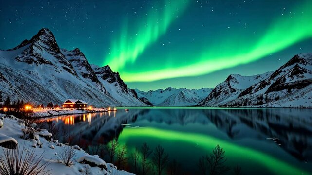 The Northern Lights over snow-capped mountains and a lake. A beautiful landscape with emerald green auroras. Animated background for the screensaver. A little village with wooden houses.