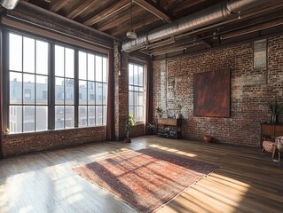 Sunlit loft apartment with exposed brick walls, large windows, and hardwood floors.