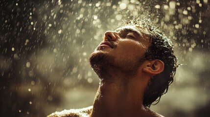 Young adult man with unshaven face enjoying refreshing rain shower outdoors in soft golden light, water droplets glistening around him.
