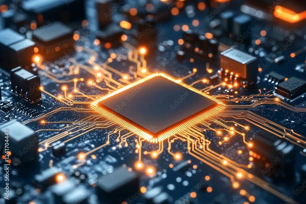 Poster central computer chip surrounded by circuit connections with glowing lights illustrating high-tech d