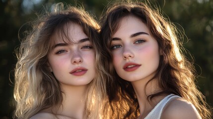Obraz premium Close-up portrait of two young women with wavy hair, natural makeup and soft smiles, illuminated by golden sunlight outdoors in a green setting.
