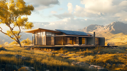 Obraz premium Green smart home with integrated solar panels and battery storage to reduce energy bills and environmental impact.