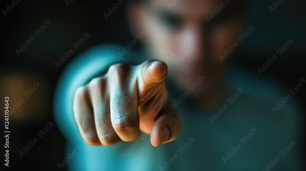 Poster close-up of a man's hand pointing assertively towards the camera with a blurred background showcasin