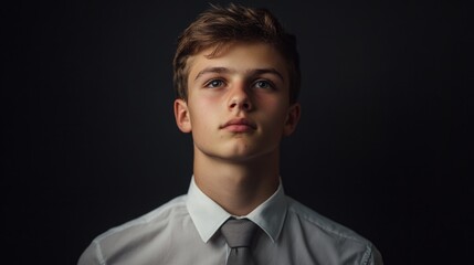 Teenage boy wearing a white shirt and light gray tie posing against a solid dark background showcasing confidence and elegance in portrait photography.