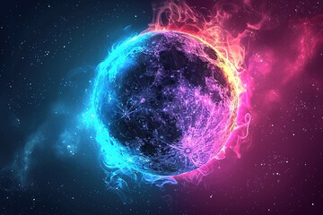 Obraz premium Sun Eclipse with Pink and blue Fire on bright Background, elegant. Moon Design with Glowing Light. Space and Science concept