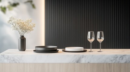 polished wooden or marble podium styled with fine dining elements like plates and glasses softly lit for refined look