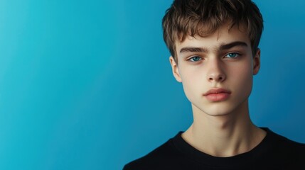 Young man with short dark hair and striking blue eyes against a vibrant blue background wearing a black shirt showcasing modern portrait style.