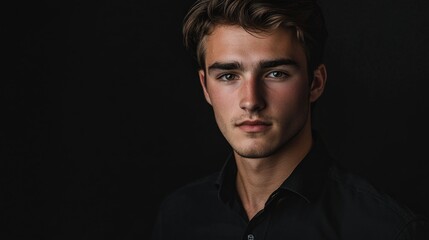 Fototapeta premium Elegant young man in black shirt with styled hair, portrait against dark black background emphasizing facial features and confident expression.