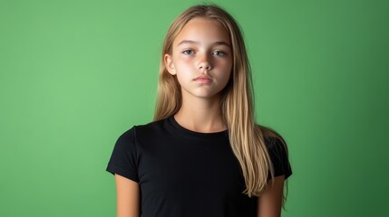 Fototapeta premium Blonde-haired teenage girl with a serious expression wearing a black t-shirt against a vibrant green gradient background, portrait style.