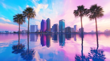 Obraz premium Cityscape Reflection at Sunset - Stunning cityscape reflected in calm water at sunset, with palm trees framing the scene. Vibrant colors and tranquil atmosphere.