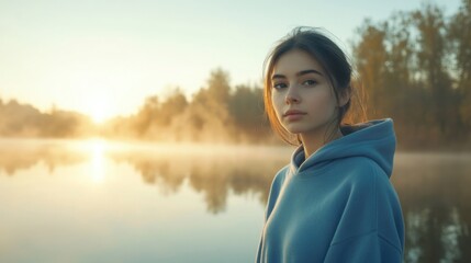 Young woman in blue hoodie standing by foggy lake at sunrise, serene waters reflecting warm golden light with trees in the background.
