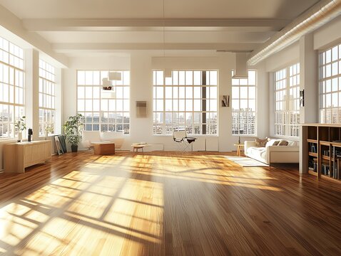 Spacious and bright loft apartment with polished wooden floors, large industrial windows, and natural light flooding the room