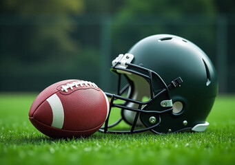 sports equipment used american football games includes ball helmet green field