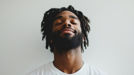 Obraz premium Smiling young African American man with dreadlocks and a beard in casual white shirt, eyes closed in relaxed pose against soft white background.