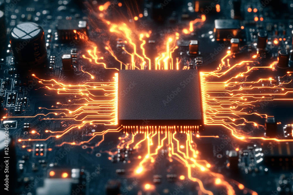 Aufkleber computer chip illuminated by electric connections on a circuit board in a dark environment showcasin