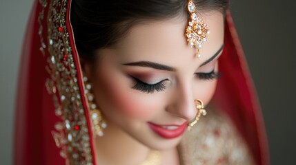 Fototapeta premium Elegant bridal makeup application on a beautiful young woman wearing a red traditional outfit with intricate jewelry and delicate eyelashes, close-up portrait.