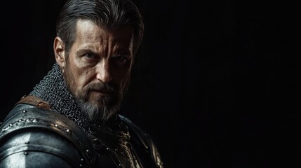Portrait of a stern medieval male knight in shiny armor with chainmail against a dramatic black background showcasing intense expression and historical attire