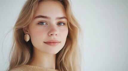 Naklejka premium Beautiful young European woman with long blonde hair and fresh skin wearing stylish ear cuffs, neutral background showcasing beauty and elegance