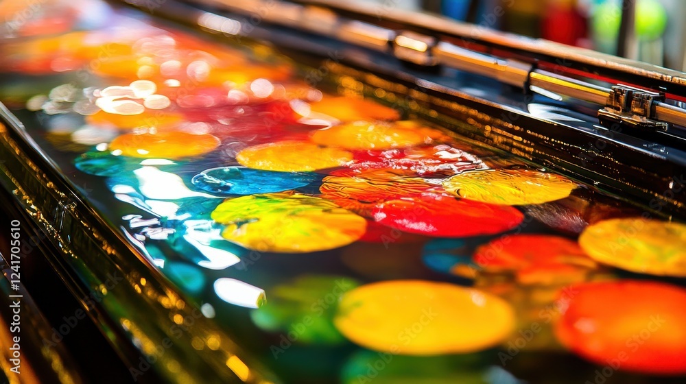 Poster colorful floating orbs on water surface with bokeh background effects