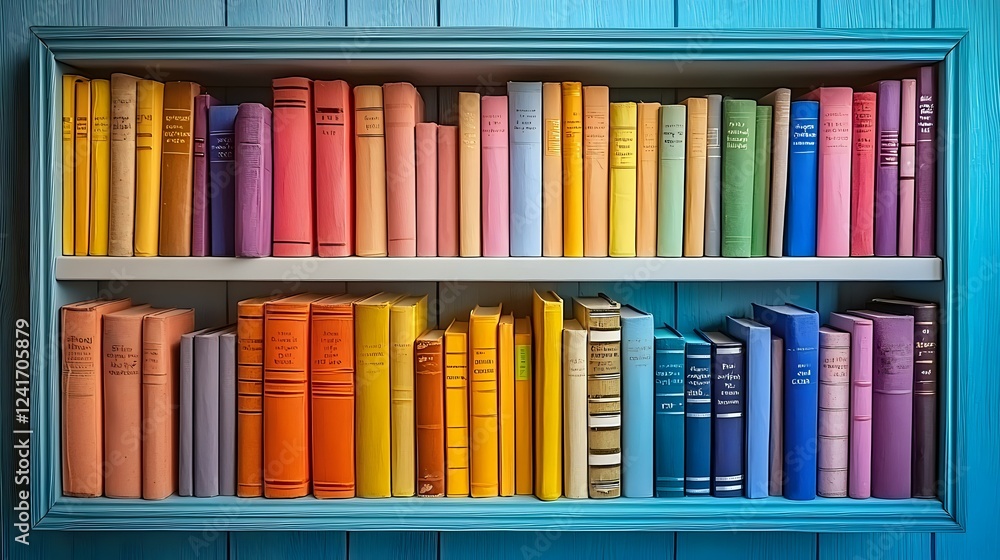 Poster colorful books arranged by color spectrum on wooden turquoise bookshelf creating rainbow pattern. de