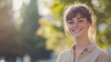 Fototapeta premium Caucasian young woman with a joyful smile wearing casual clothing in a sunlit outdoor setting with greenery in the background capturing a moment of happiness