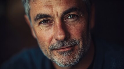 Fototapeta premium Confident middle-aged man with gray hair and a beard smiling warmly, close-up portrait showcasing deep-set expressive eyes and textured skin in soft lighting