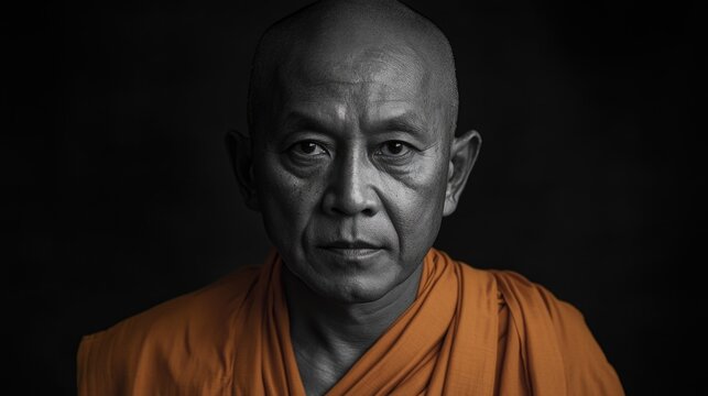 A contemplative middle-aged Buddhist monk wearing a vibrant orange robe gazes solemnly at the viewer against a dark backdrop in Thailand.