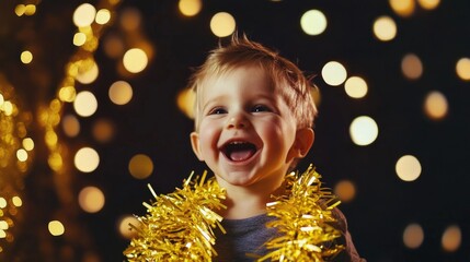 Joyful toddler boy aged 9 to 11 months playfully wearing a yellow warm garland with a bright smile against a dark background decorated with bokeh lights.