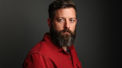 Fototapeta premium Studio portrait of mature bearded man wearing red fleece shirt with grey background showcasing masculine hipster style and confident expression