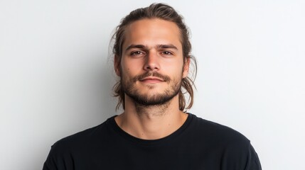 Fototapeta premium Portrait of a confident young adult man with long ponytail and beard wearing black shirt against white background, showcasing handsome facial features.