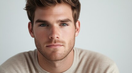 Obraz premium Handsome young man with styled light brown hair wearing a casual beige sweater, gazing confidently at the camera against a soft white background.