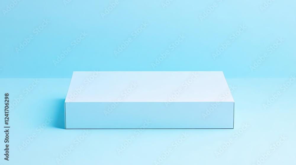 Poster rectangular box mockup with edges placed on pastel blue solid background with diffused lighting and 