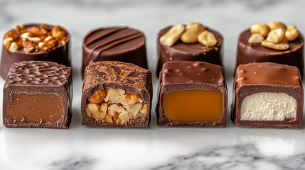 Assortment of assorted chocolates showcasing various fillings on a marble surface. Generative AI
