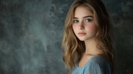 Fototapeta premium Portrait of a young healthy Caucasian woman with fresh skin and wavy hair in a soft blue top, against a textured grey background.