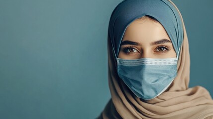 Fototapeta premium portrait of a confident young Muslim woman wearing a blue hijab and medical mask against a soft blue background showcasing empowerment and resilience