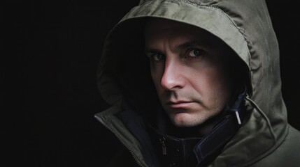 Studio portrait of a serious middle-aged man wearing a dark hooded jacket with shadowed face evoking themes of anonymity and secrecy against a black backdrop