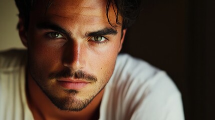 Fototapeta premium Close-up portrait of a handsome man with tousled dark hair and striking green eyes, wearing a white shirt, set against a soft dark background.