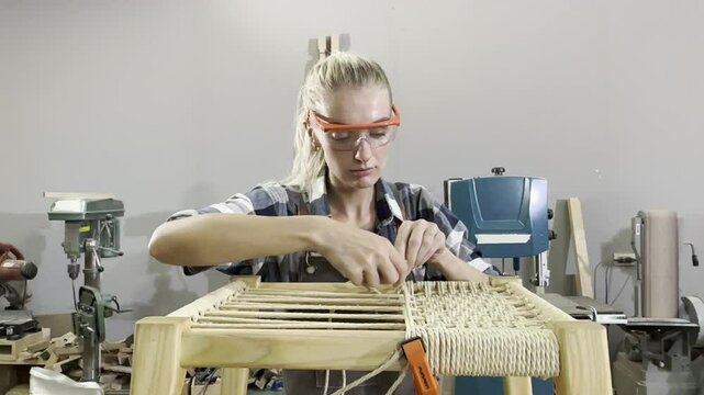 Crafting Comfort: A focused artisan skillfully weaves rope onto a wooden chair frame, demonstrating dedication to traditional craftsmanship in a workshop setting.