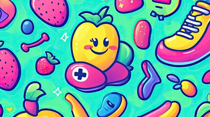 Happy mango health app icon amidst fruit, sneakers, and bones on teal background