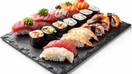 Detailed close-up of sushi varieties like dragon rolls, spicy tuna, and cucumber maki on a glossy black plate, set against a bright white background