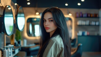Elegant young woman with long black hair poses gracefully in a modern beauty salon with stylish mirrors and contemporary decor, showcasing confidence and beauty.