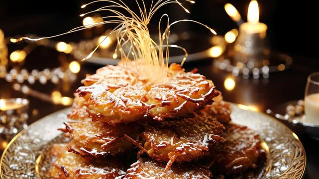 Homemade Hanukkah latkas served with apple sauce during a festive evening with candles and decorations for celebration