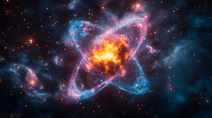 Fototapeta premium Cosmic Atom: A Nebula's Embrace - A swirling cosmic landscape depicting an atom's core, symbolizing creation, energy, infinity, mystery, and the universe's vastness.