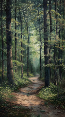 Obraz premium Serene Forest with Morning Sunlight: A Peaceful Haven for Mindfulness and Relaxation