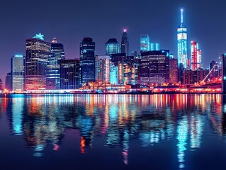 Obraz premium Vibrant New York City skyline at night, reflected in calm water. Stunning cityscape.