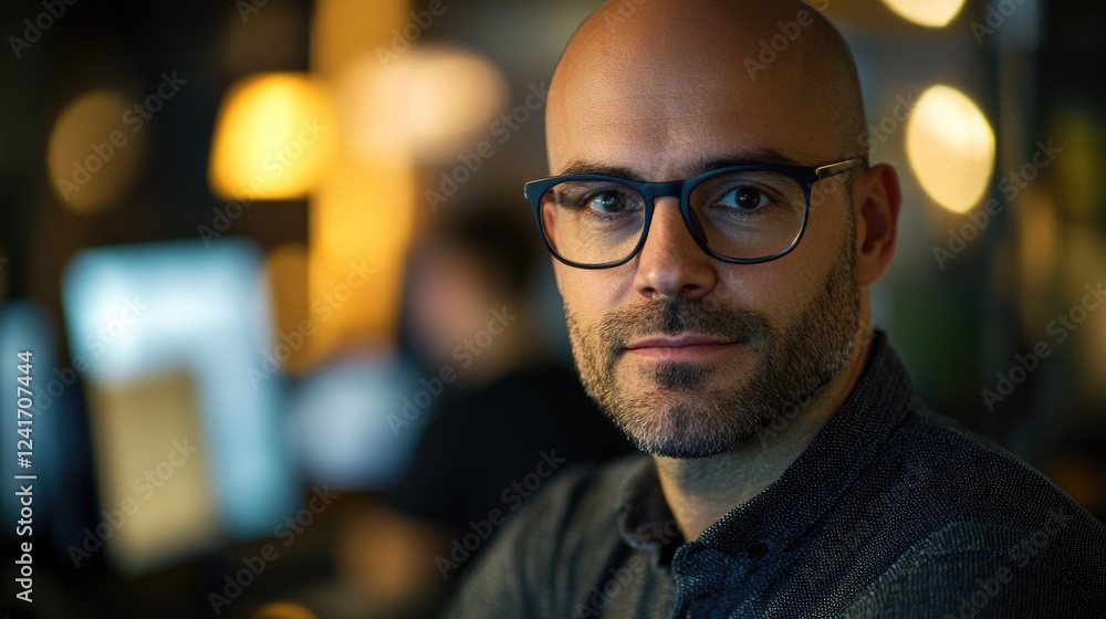 Poster bald handsome middle-aged man in glasses displaying serious expression transitioning to smile agains