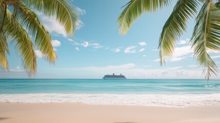 Fototapeta premium scenic image of tropical beach with cruise ship visible in distance framed by palm trees and soft waves